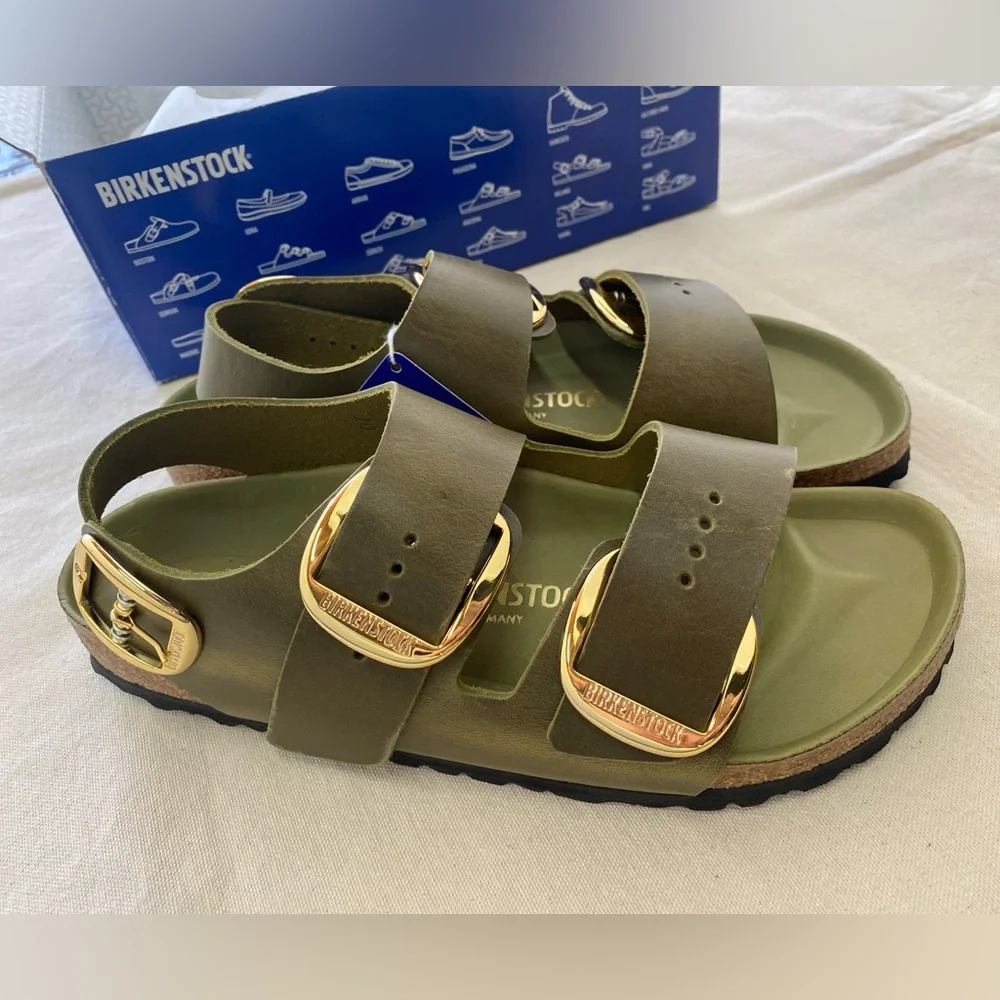 Birkenstock Milano Big Buckle Olive Green Sandals with Gold Hardware Accents W11 - Picture 2 of 11